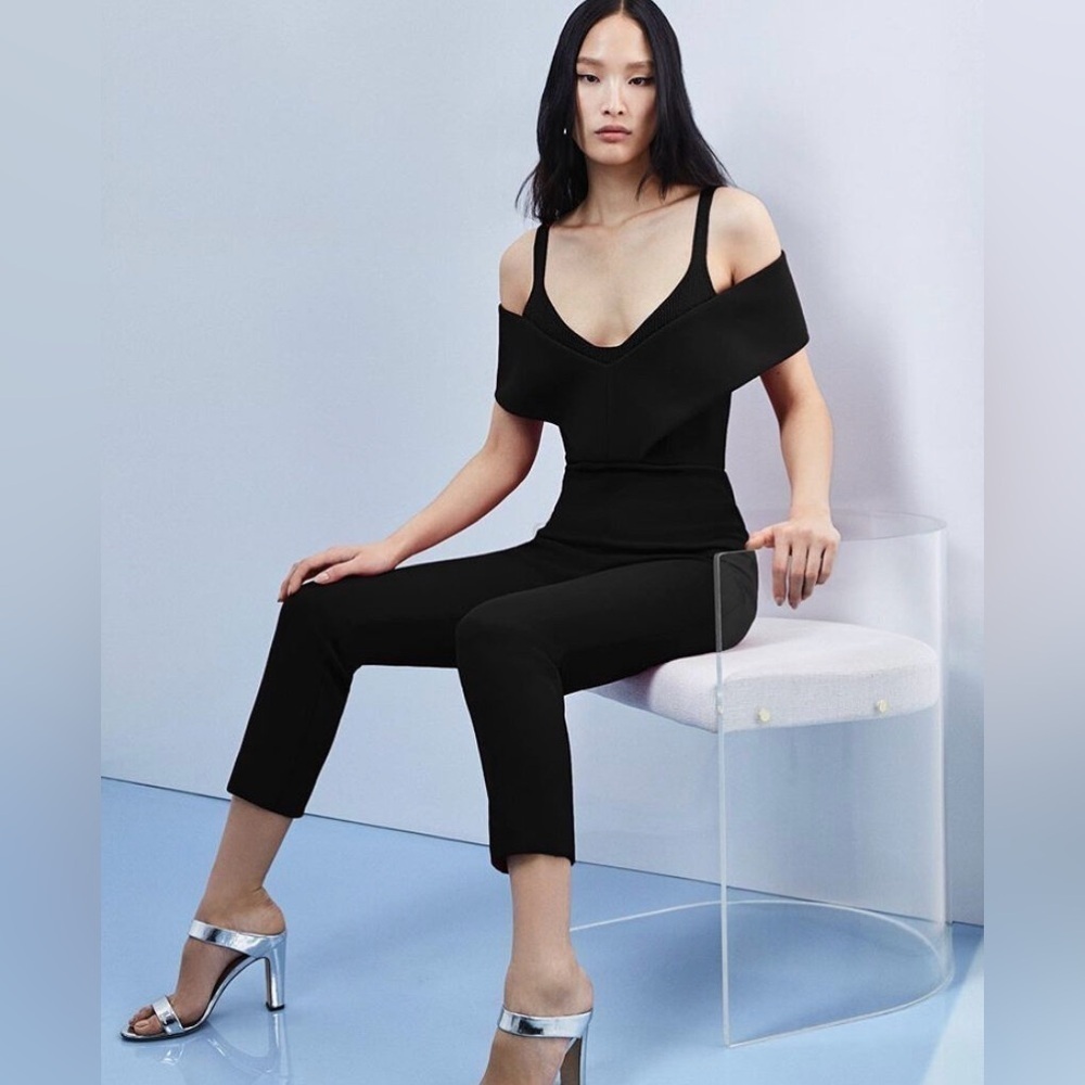 Cushnie Jumpsuit Womens 12 Black Off Shoulder Stretch Crepe Ankle Length